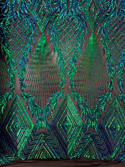 Francesca IRIDESCENT GREEN BLUE MERMAID Vines and Diamonds Pattern Sequins on Mesh Lace Fabric by the Yard