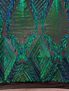 Francesca IRIDESCENT GREEN BLUE MERMAID Vines and Diamonds Pattern Sequins on Mesh Lace Fabric by the Yard