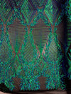 Francesca IRIDESCENT GREEN BLUE MERMAID Vines and Diamonds Pattern Sequins on Mesh Lace Fabric by the Yard