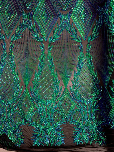 Francesca IRIDESCENT GREEN BLUE MERMAID Vines and Diamonds Pattern Sequins on Mesh Lace Fabric by the Yard