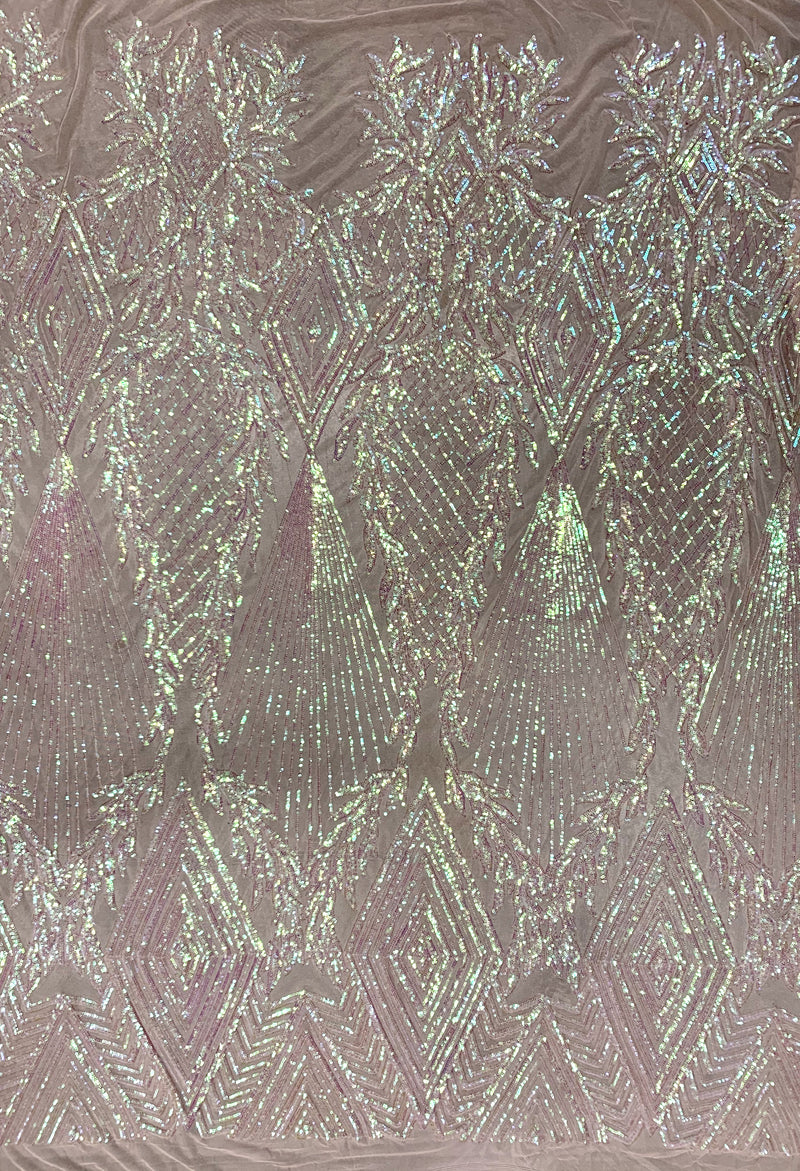 Francesca IRIDESCENT BLUSH PINK Vines and Diamonds Pattern Sequins on Mesh Lace Fabric by the Yard