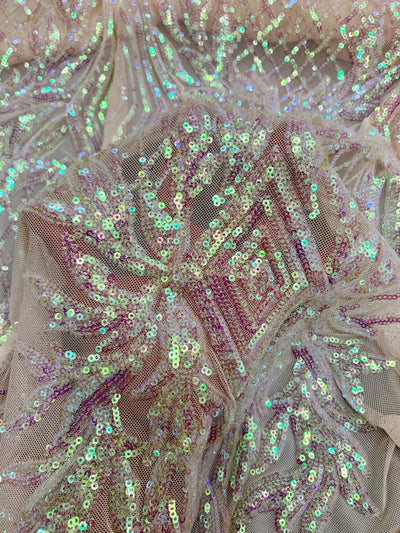 Francesca IRIDESCENT BLUSH PINK Vines and Diamonds Pattern Sequins on Mesh Lace Fabric by the Yard