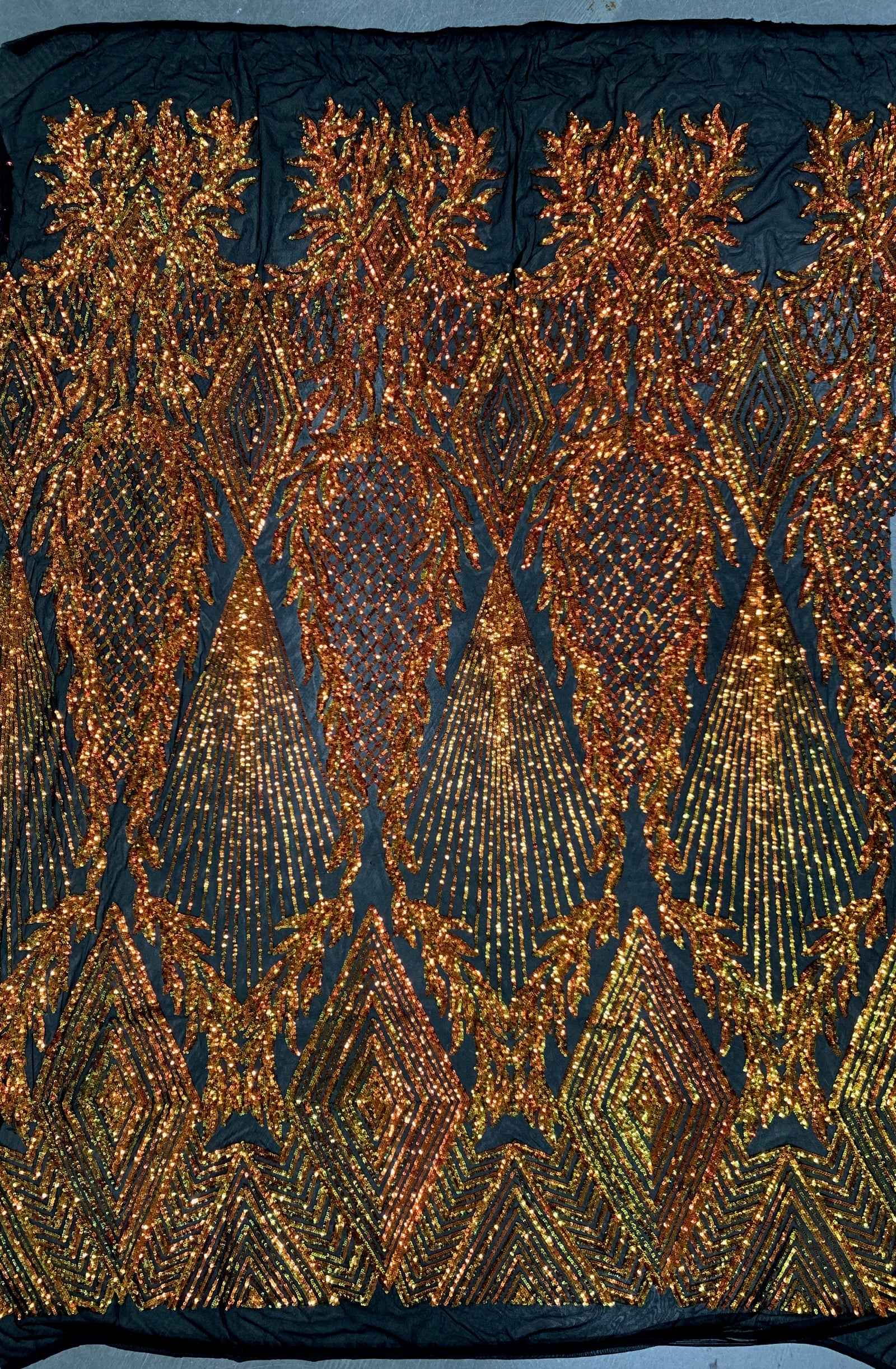 Francesca IRIDESCENT ORANGE Vines and Diamonds Pattern Sequins on BLACK Mesh Lace Fabric by the Yard