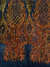 Francesca IRIDESCENT ORANGE Vines and Diamonds Pattern Sequins on BLACK Mesh Lace Fabric by the Yard