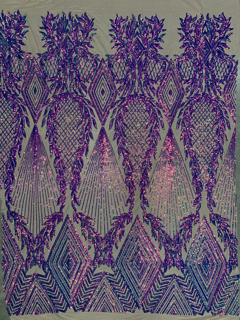 Francesca IRIDESCENT PURPLE Vines and Diamonds Pattern Sequins on NUDE Mesh Lace Fabric by the Yard