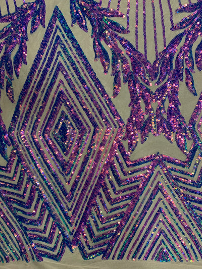 Francesca IRIDESCENT PURPLE Vines and Diamonds Pattern Sequins on NUDE Mesh Lace Fabric by the Yard
