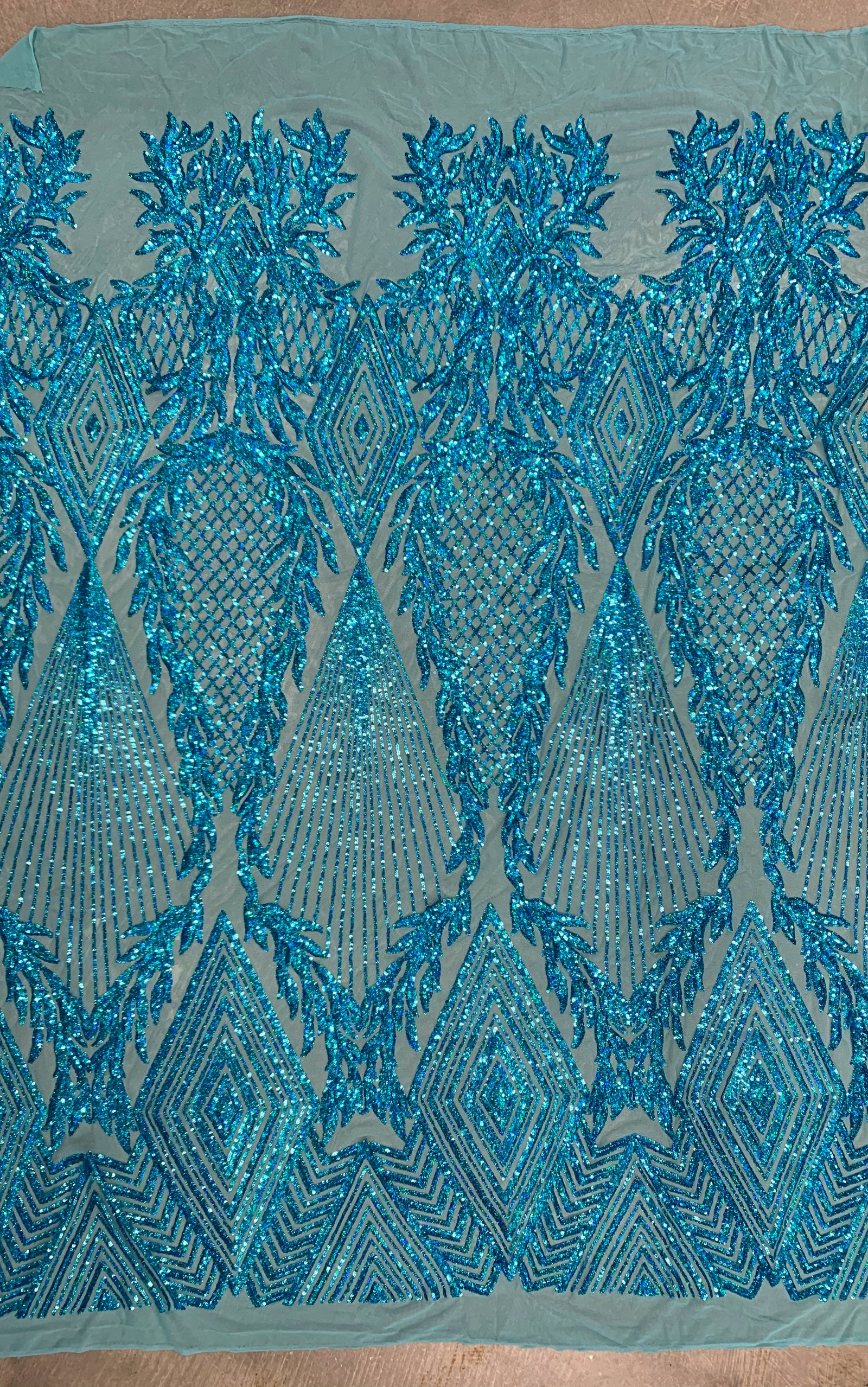 Francesca IRIDESCENT TURQUOISE Vines and Diamonds Pattern Sequins on Mesh Lace Fabric by the Yard