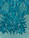 Francesca IRIDESCENT TURQUOISE Vines and Diamonds Pattern Sequins on Mesh Lace Fabric by the Yard