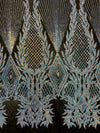 Francesca IRIDESCENT WHITE Vines and Diamonds Pattern Sequins on BLACK Mesh Lace Fabric by the Yard