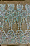 Francesca Iridescent WHITE BLUE Vines and Diamonds Pattern Sequins on NUDE Mesh Lace Fabric by the Yard