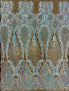 Francesca Iridescent WHITE BLUE Vines and Diamonds Pattern Sequins on NUDE Mesh Lace Fabric by the Yard