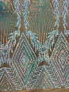 Francesca Iridescent WHITE BLUE Vines and Diamonds Pattern Sequins on NUDE Mesh Lace Fabric by the Yard