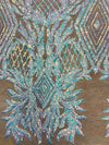 Francesca Iridescent WHITE BLUE Vines and Diamonds Pattern Sequins on NUDE Mesh Lace Fabric by the Yard