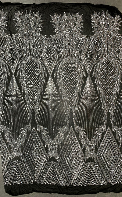 Francesca SILVER Vines and Diamonds Pattern Sequins on BLACK Mesh Lace Fabric by the Yard