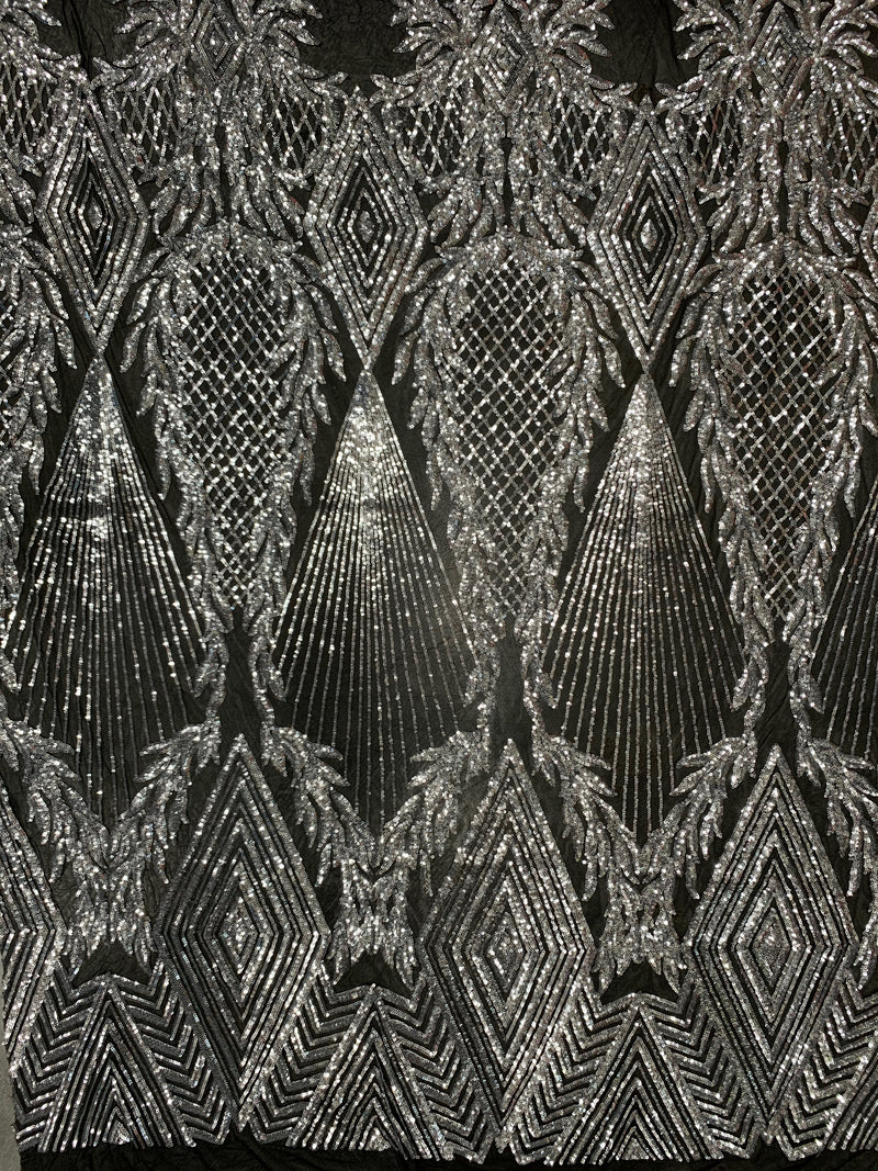 Francesca SILVER Vines and Diamonds Pattern Sequins on BLACK Mesh Lace Fabric by the Yard