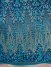 Angelica DARK TURQUOISE Curlicues and Leaves Sequins on Mesh Lace Fabric by the Yard - 10132