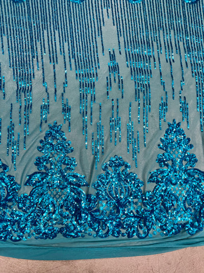 Angelica DARK TURQUOISE Curlicues and Leaves Sequins on Mesh Lace Fabric by the Yard - 10132