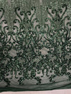 Angelica HUNTER GREEN Curlicues and Leaves Sequins on Mesh Lace Fabric by the Yard - 10132