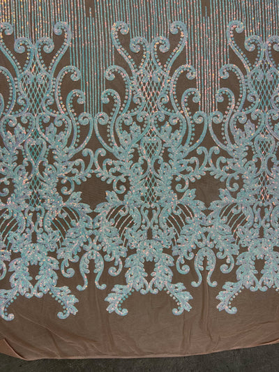 Angelica IRIDESCENT WHITE Curlicues and Leaves Sequins on NUDE Mesh Lace Fabric by the Yard - 10132