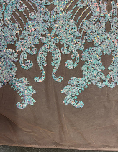 Angelica IRIDESCENT WHITE Curlicues and Leaves Sequins on NUDE Mesh Lace Fabric by the Yard - 10132