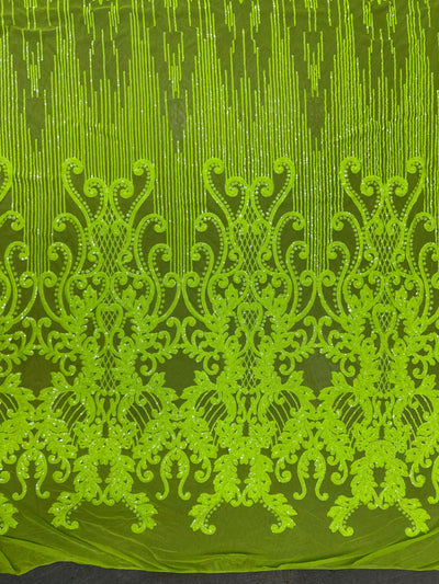 Angelica NEON YELLOW GREEN Curlicues and Leaves Sequins on Mesh Lace Fabric by the Yard - 10132