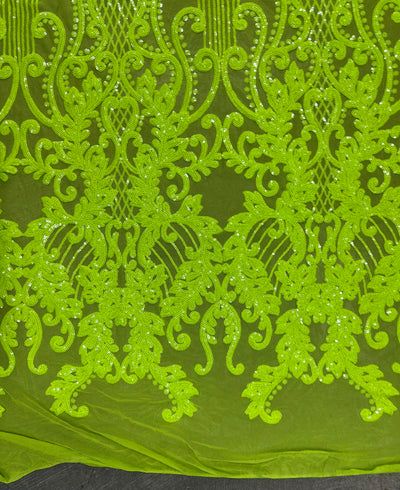 Angelica NEON YELLOW GREEN Curlicues and Leaves Sequins on Mesh Lace Fabric by the Yard - 10132