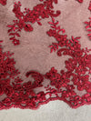 Cristina BURGUNDY Polyester Floral Embroidery with Sequins on Mesh Lace Fabric