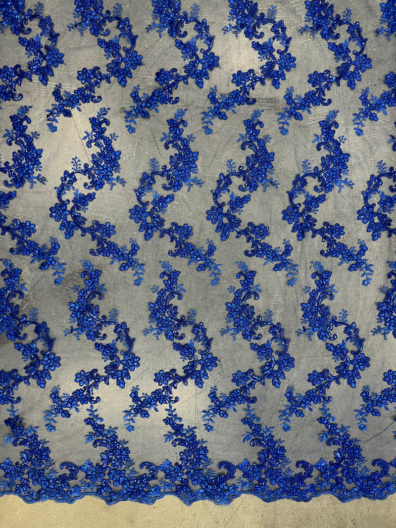 Cristina ROYAL BLUE Polyester Floral Embroidery with Sequins on Mesh Lace Fabric