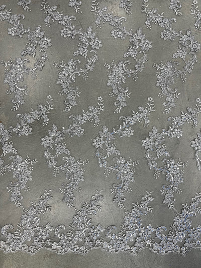 Cristina SILVER GREY Polyester Floral Embroidery with Sequins on Mesh Lace Fabric