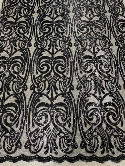 Elsie BLACK Curlicue Sequins on Mesh Lace Fabric by the Yard