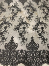 Teagan BLACK Damask Design Embroidered on Mesh Lace Fabric