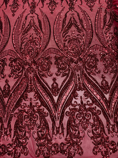 Alaina BURGUNDY Curlicue Sequins on Mesh Lace Fabric by the Yard