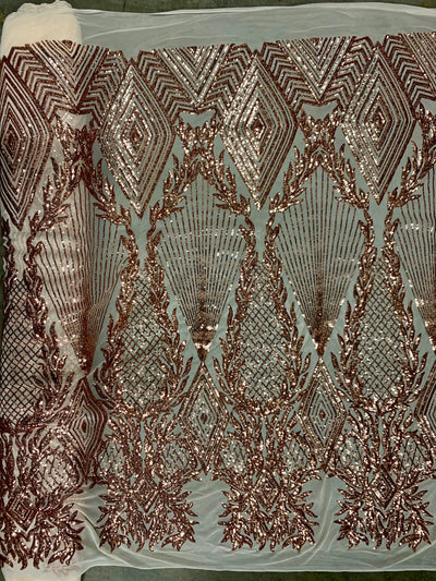 Francesca COPPER Vines and Diamonds Pattern Sequins on Mesh Lace Fabric by the Yard