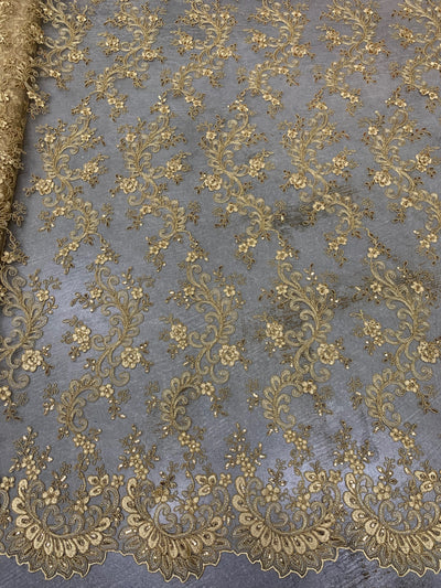 Melody GOLD Polyester Floral Embroidery with Sequins on Mesh Lace Fabric by the Yard for Gown, Wedding, Bridesmaid, Prom