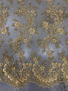 Melody GOLD Polyester Floral Embroidery with Sequins on Mesh Lace Fabric by the Yard for Gown, Wedding, Bridesmaid, Prom