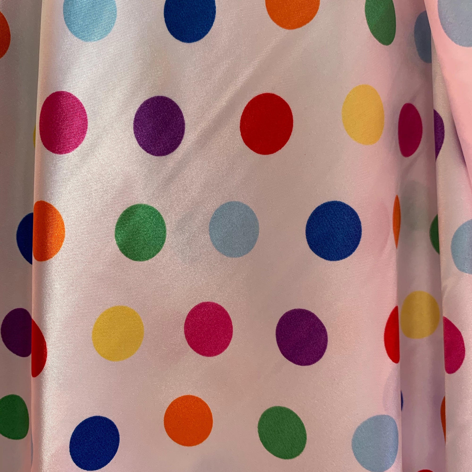 Shelby 0.75" MULTI COLOR Polka Dots on WHITE Polyester Light Weight Satin Fabric