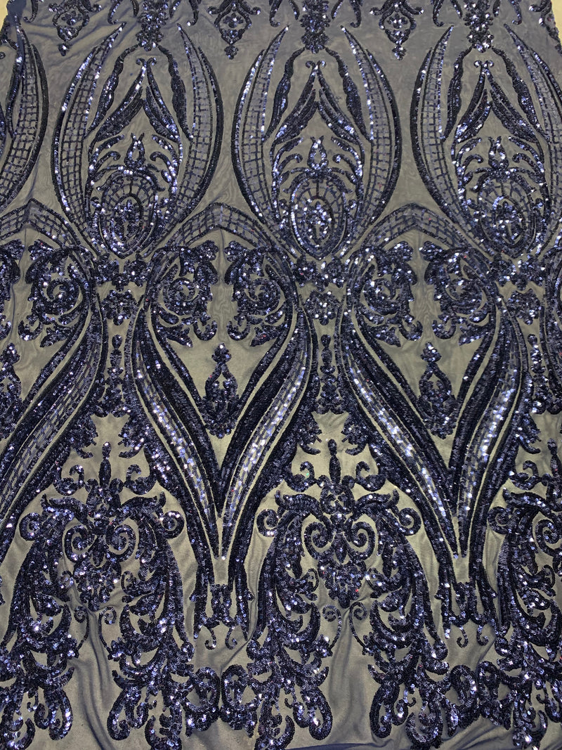 Alaina NAVY BLUE Curlicue Sequins on Mesh Lace Fabric by the Yard