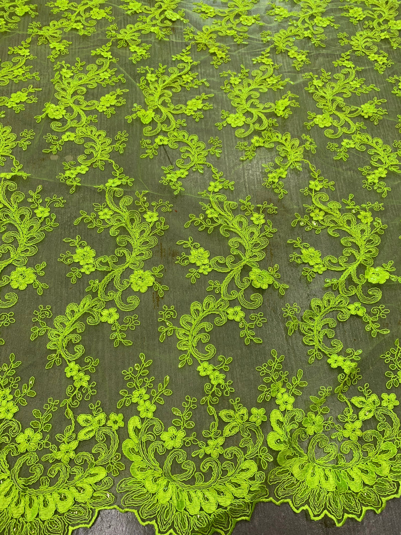 Melody NEON LIME GREEN Polyester Floral Embroidery with Sequins on Mesh Lace Fabric by the Yard for Gown, Wedding, Bridesmaid, Prom