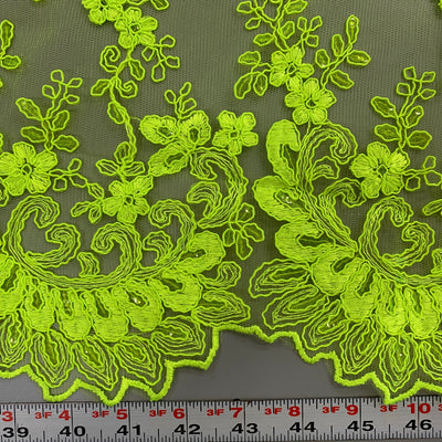 Melody NEON LIME GREEN Polyester Floral Embroidery with Sequins on Mesh Lace Fabric by the Yard for Gown, Wedding, Bridesmaid, Prom
