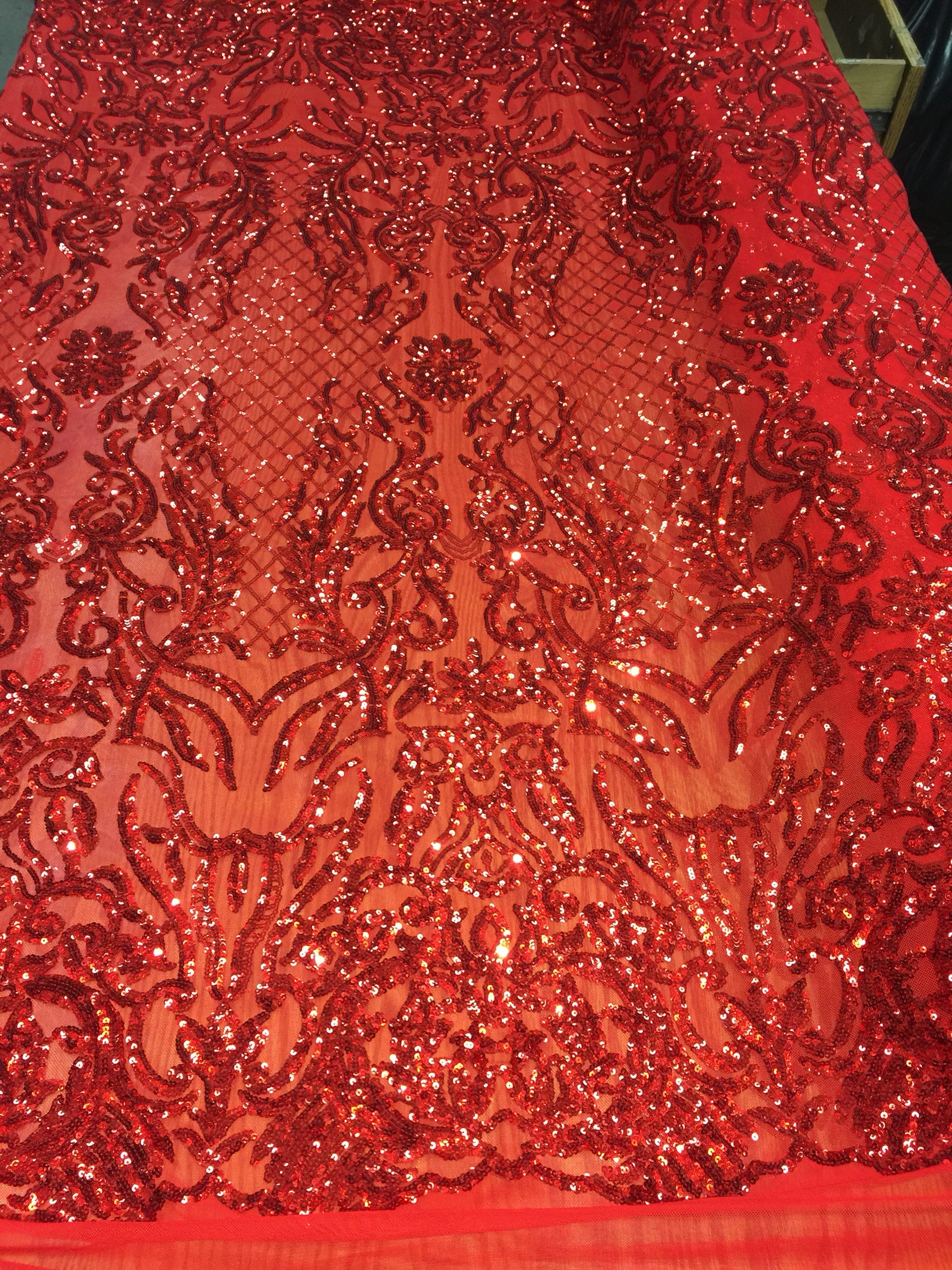 Phoebe RED Sequins on Mesh Lace Fabric