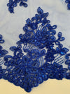 Brianna ROYAL BLUE Polyester Floral Embroidery with Sequins on Mesh Lace Fabric by the Yard
