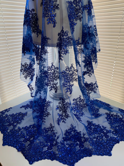 Brianna ROYAL BLUE Polyester Floral Embroidery with Sequins on Mesh Lace Fabric by the Yard