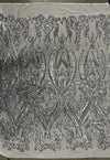 Alaina SILVER Curlicue Sequins on WHITE Mesh Lace Fabric by the Yard