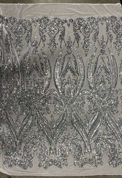 Alaina SILVER Curlicue Sequins on WHITE Mesh Lace Fabric by the Yard