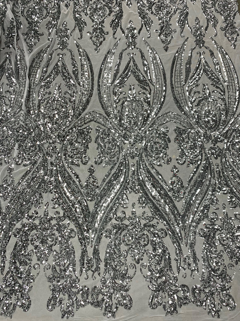 Alaina SILVER Curlicue Sequins on WHITE Mesh Lace Fabric by the Yard