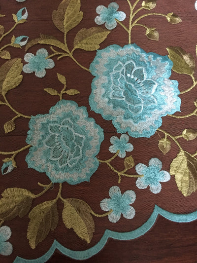 Iris TURQUOISE Floral and Leaves Embroidery on Mesh Lace Fabric by the Yard