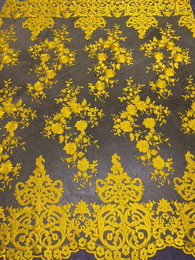 Teagan BRIGHT YELLOW Damask Design Embroidered on Mesh Lace Fabric