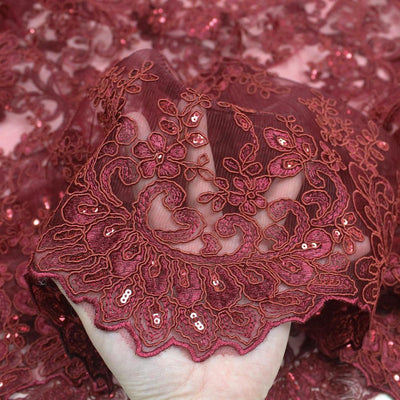 Melody BURGUNDY Polyester Floral Embroidery with Sequins on Mesh Lace Fabric by the Yard for Gown, Wedding, Bridesmaid, Prom - 10002
