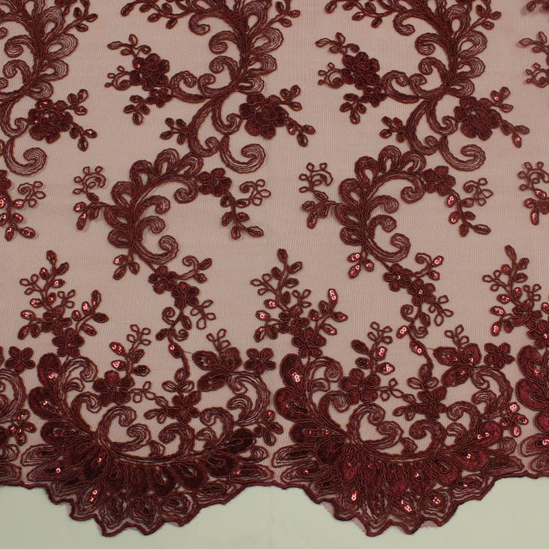 Melody BURGUNDY Polyester Floral Embroidery with Sequins on Mesh Lace Fabric by the Yard for Gown, Wedding, Bridesmaid, Prom - 10002