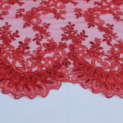 Melody RED Polyester Floral Embroidery with Sequins on Mesh Lace Fabric by the Yard for Gown, Wedding, Bridesmaid, Prom - 10002